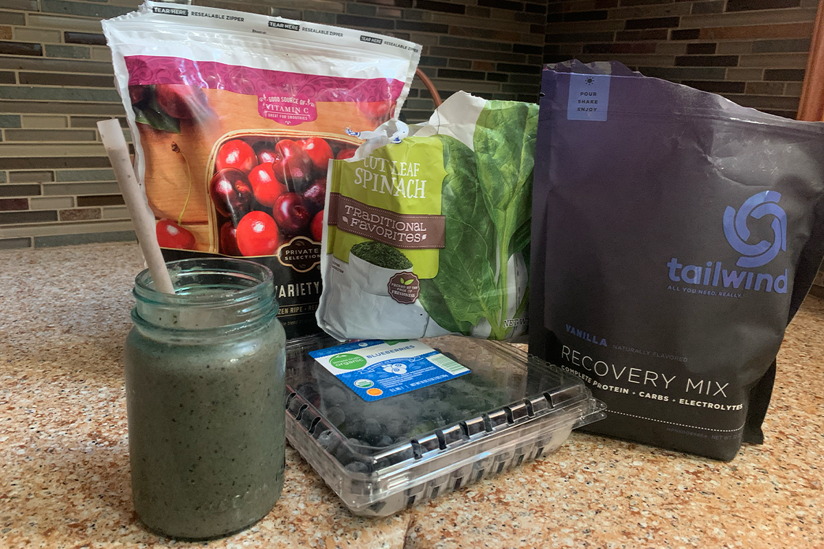 Smoothie ingredients sitting on a kitchen counter.